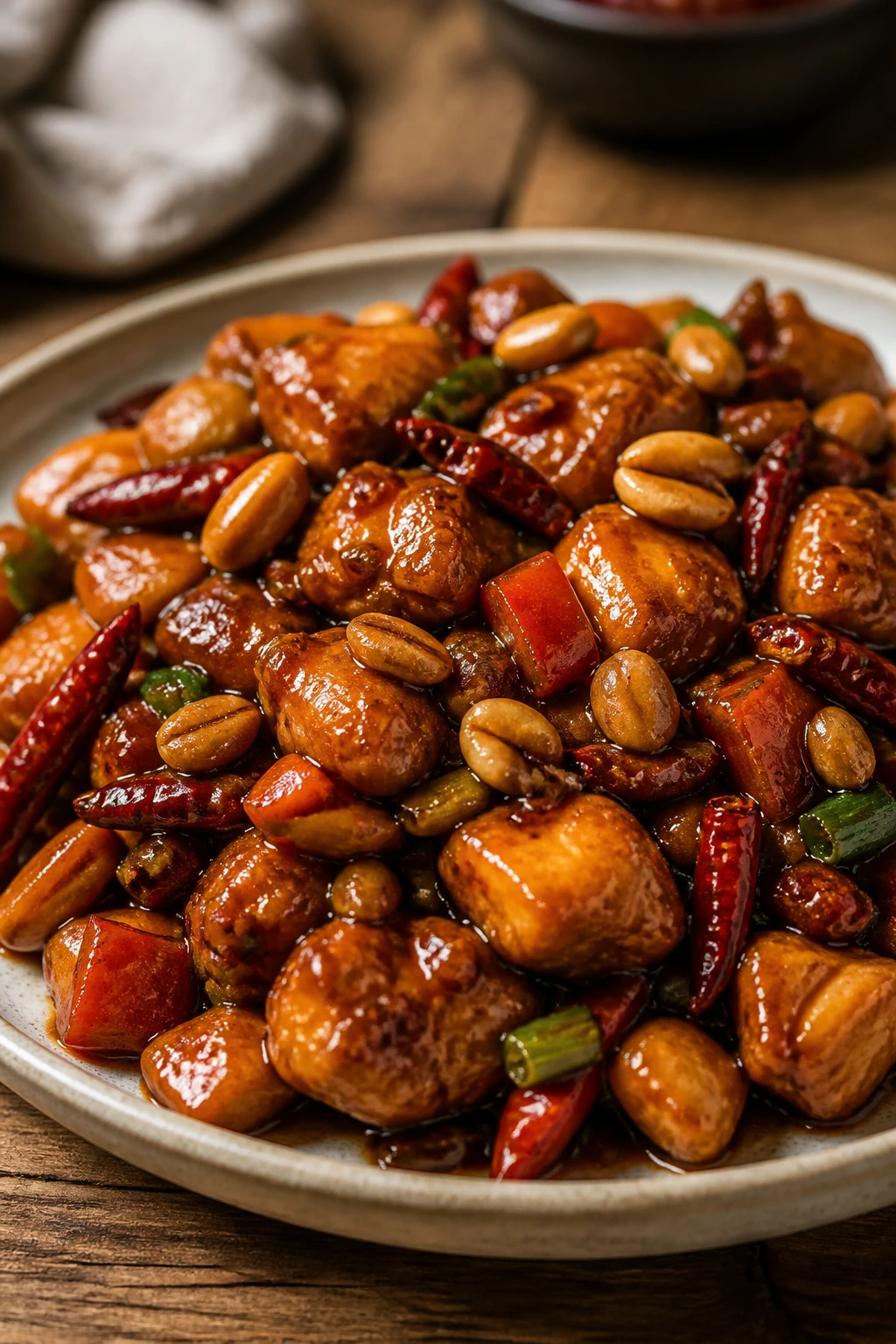 Glossy Kung Pao Chicken with peanuts and chilies on a plate on a wooden table.