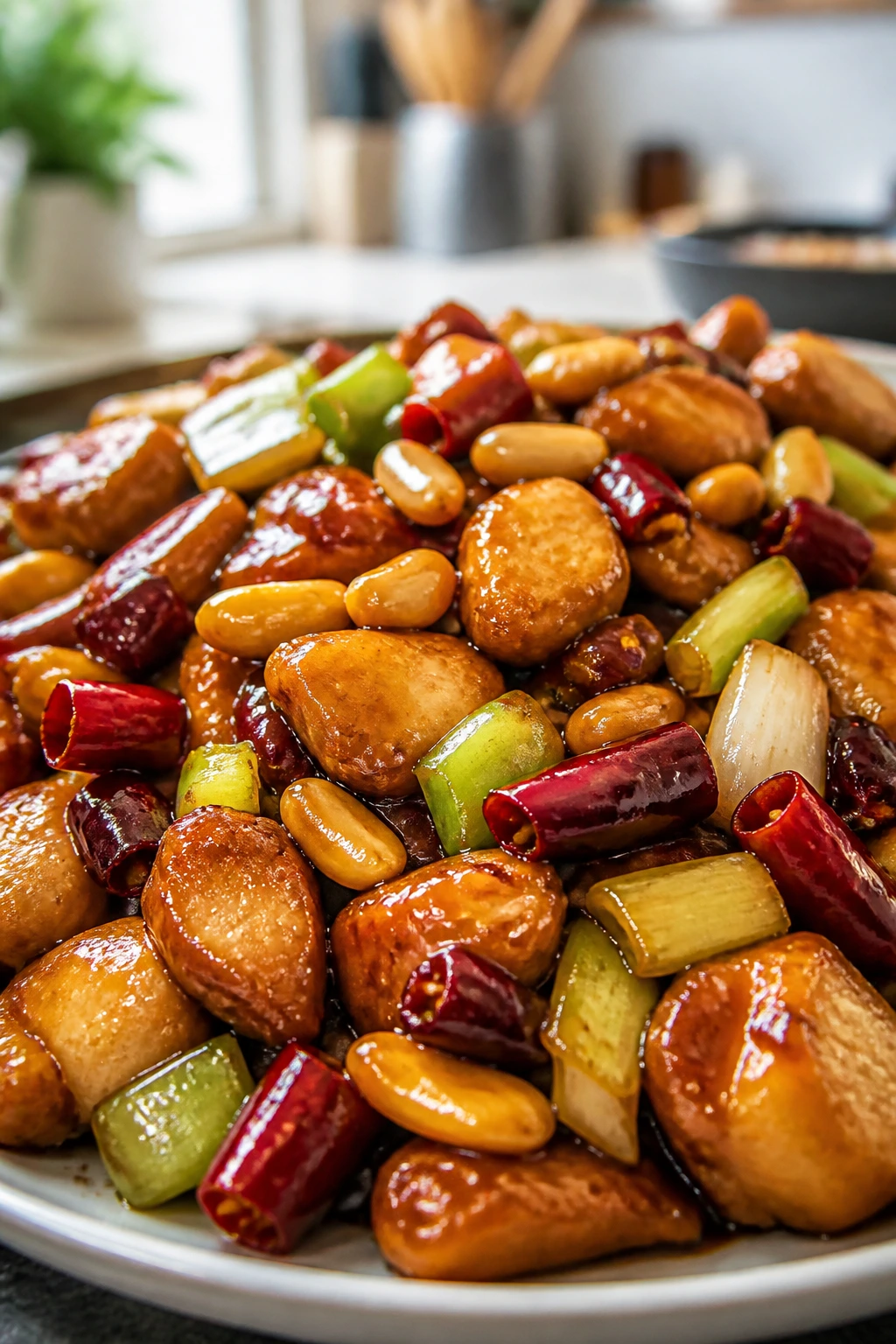 Close-up of Kung Pao chicken with peanuts and chilies