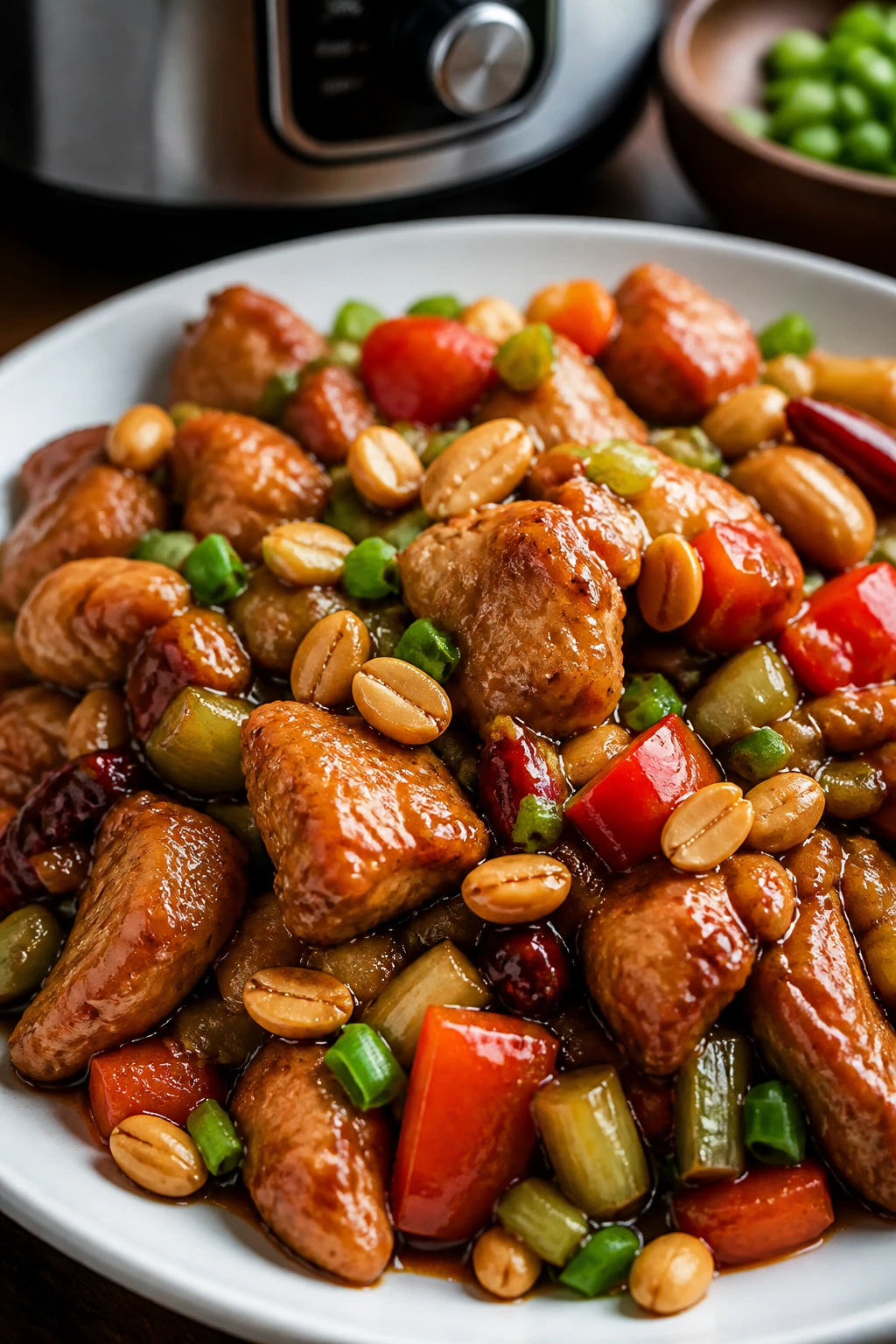 Close-up Kung Pao Chicken with peanuts and peppers on a plate
