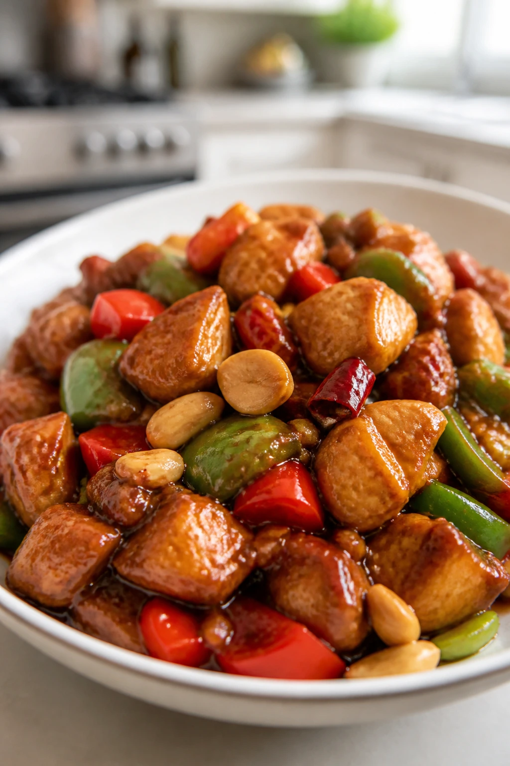 Close-up of Kung Pao Chicken with Peppers and Peanuts