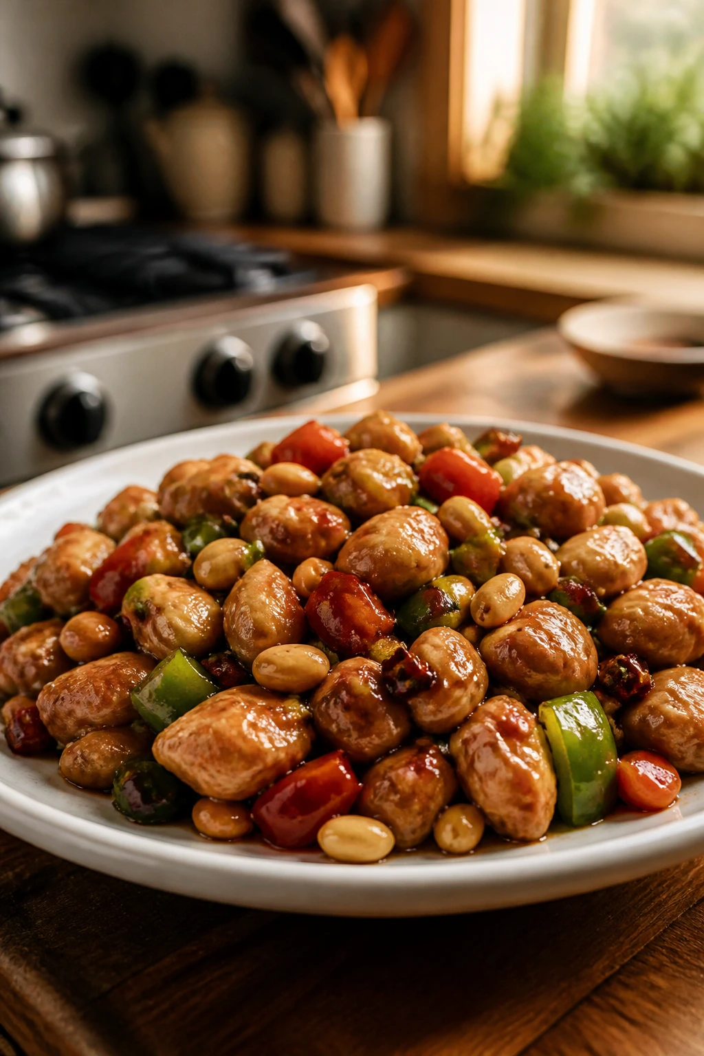 Close-up of Kung Pao Chicken with peppers and peanuts on a plate in a cozy kitchen