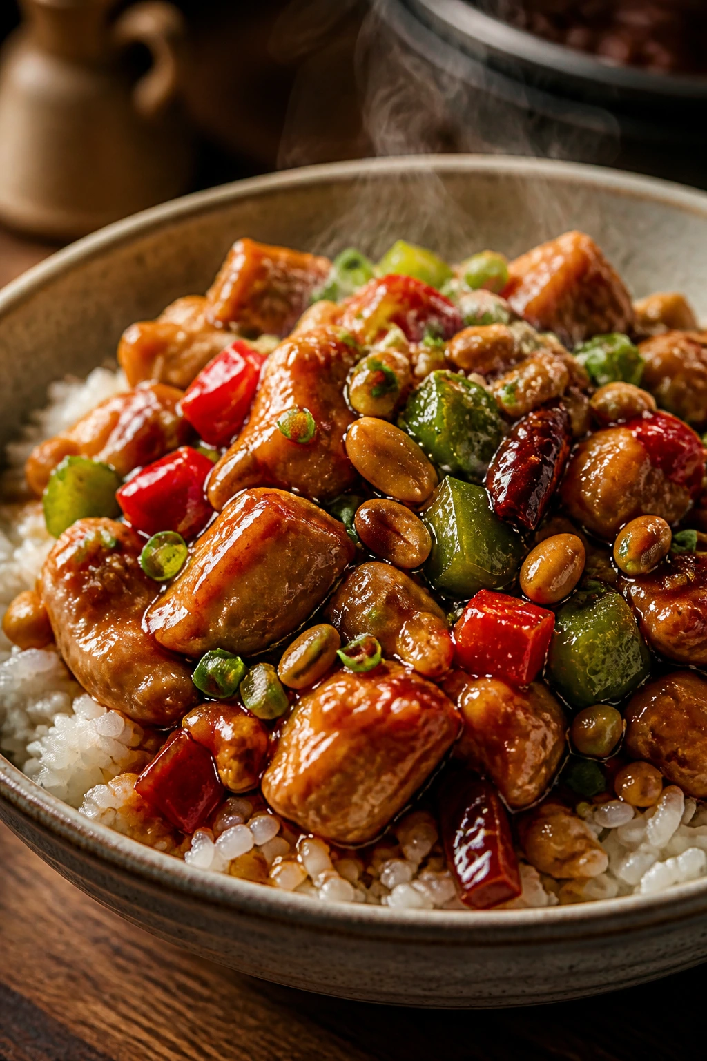 Close-up of Slow-Cooked Kung Pao Chicken over jasmine rice with peppers and peanuts