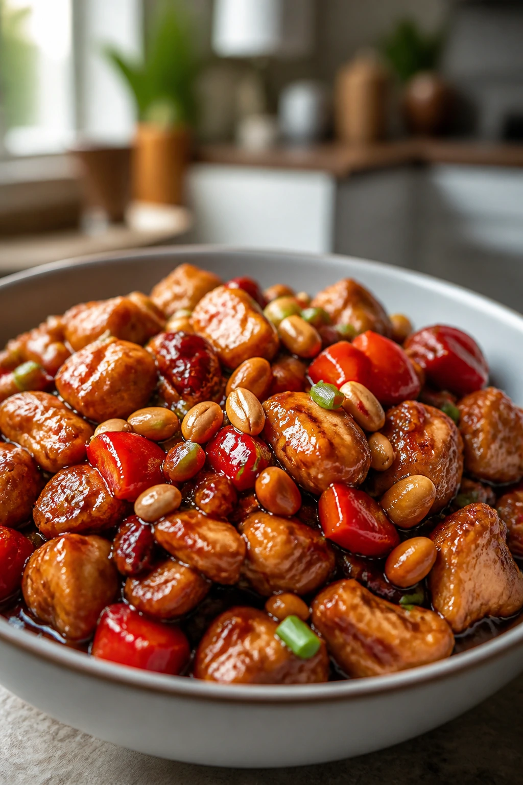 Close-up of Kung Pao chicken with peppers and peanuts on a plate