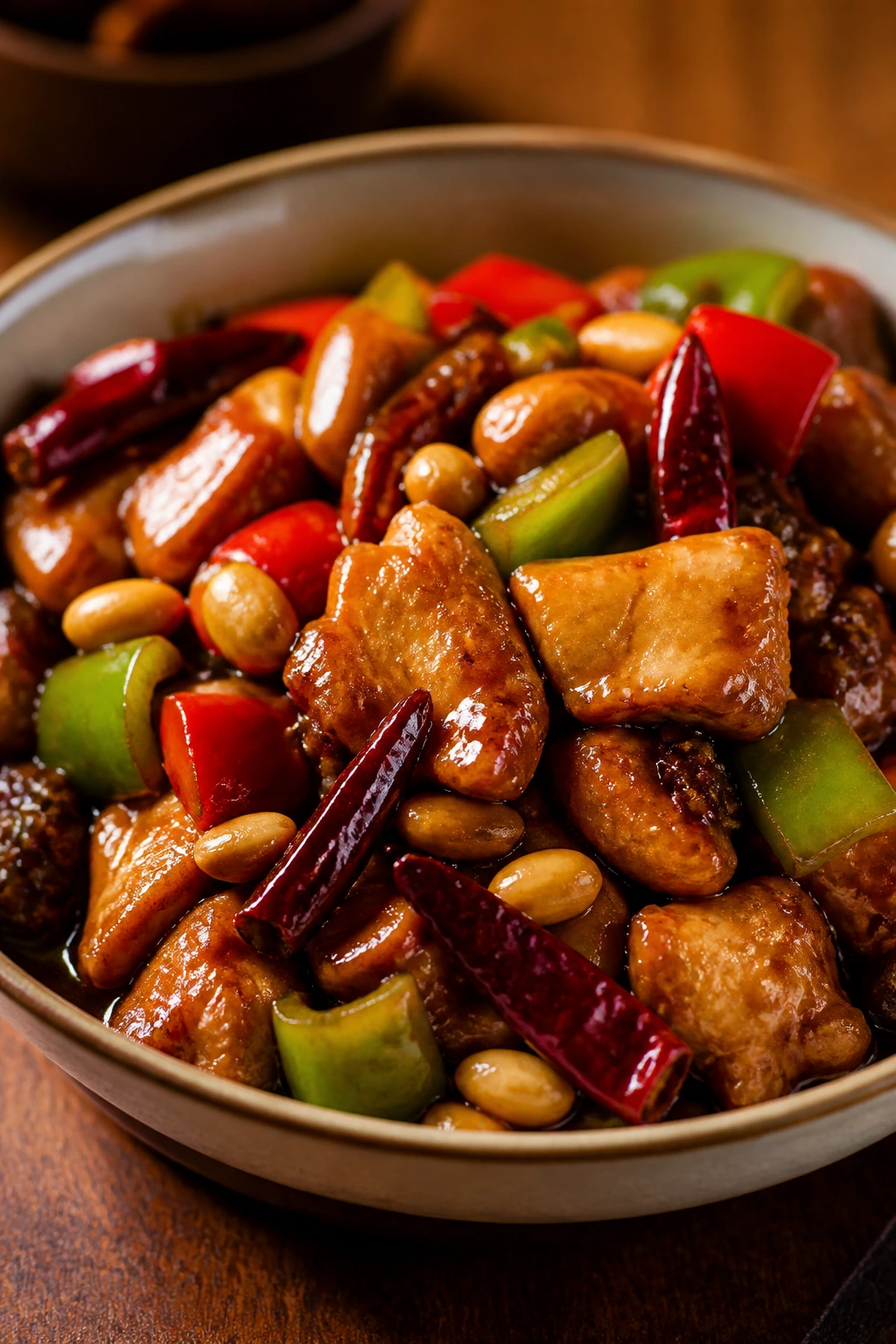 Close-up of kung pao chicken with peppers and peanuts in a glossy sauce