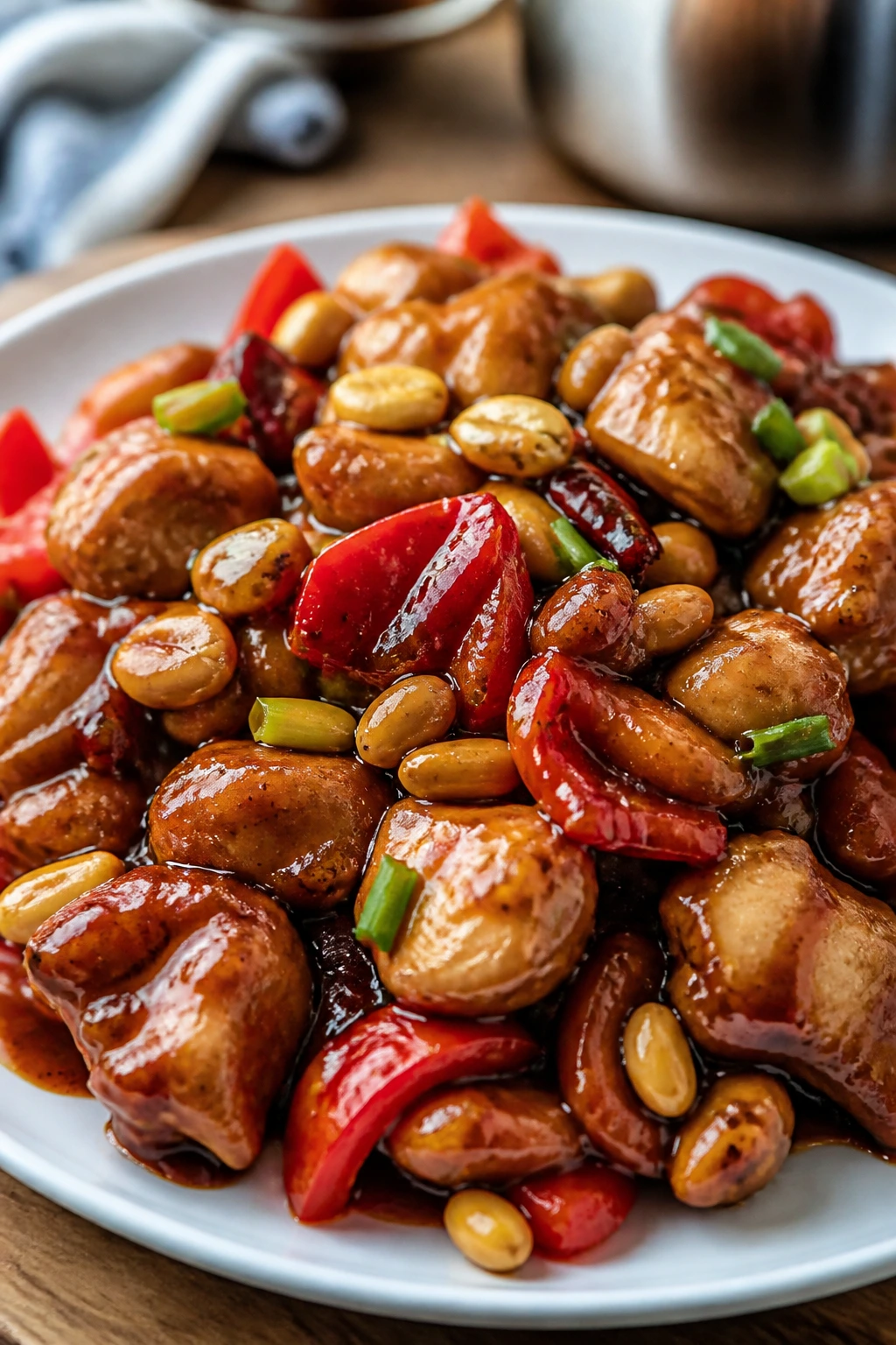Close-up of Kung Pao chicken with peppers and peanuts on plate
