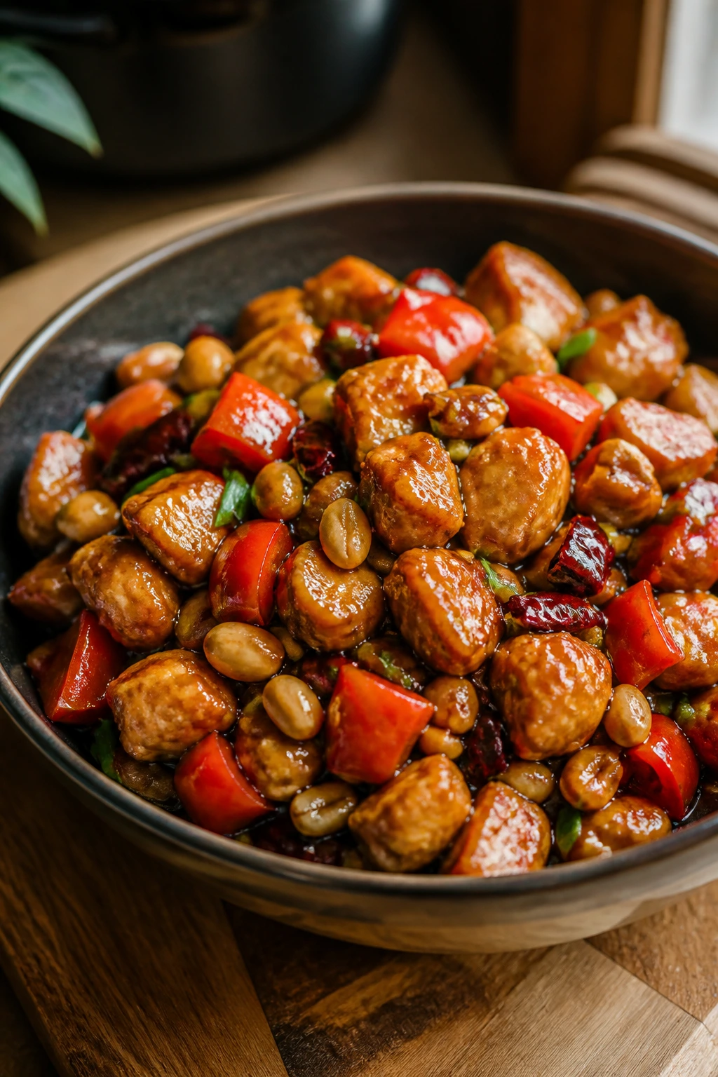 Close-up of slow-cooked kung pao chicken with peppers and peanuts in a glossy sauce.