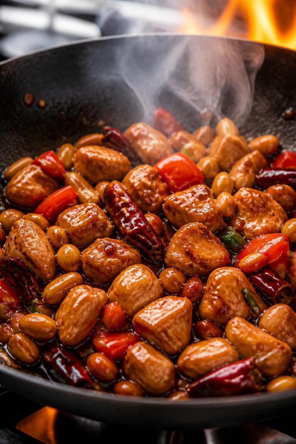 Close-up of kung pao chicken with peanuts and chiles in a wok