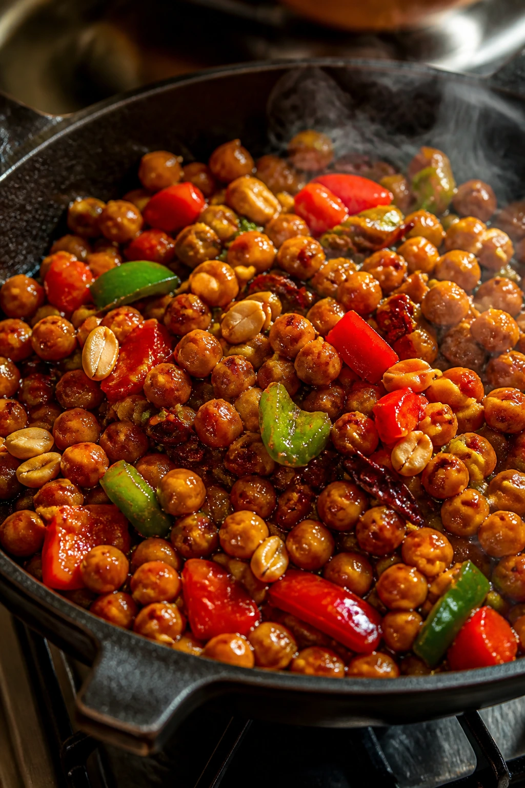 Close-up of Kung Pao Chickpeas and Peppers sizzling in a cast-iron skillet with peppers and peanuts