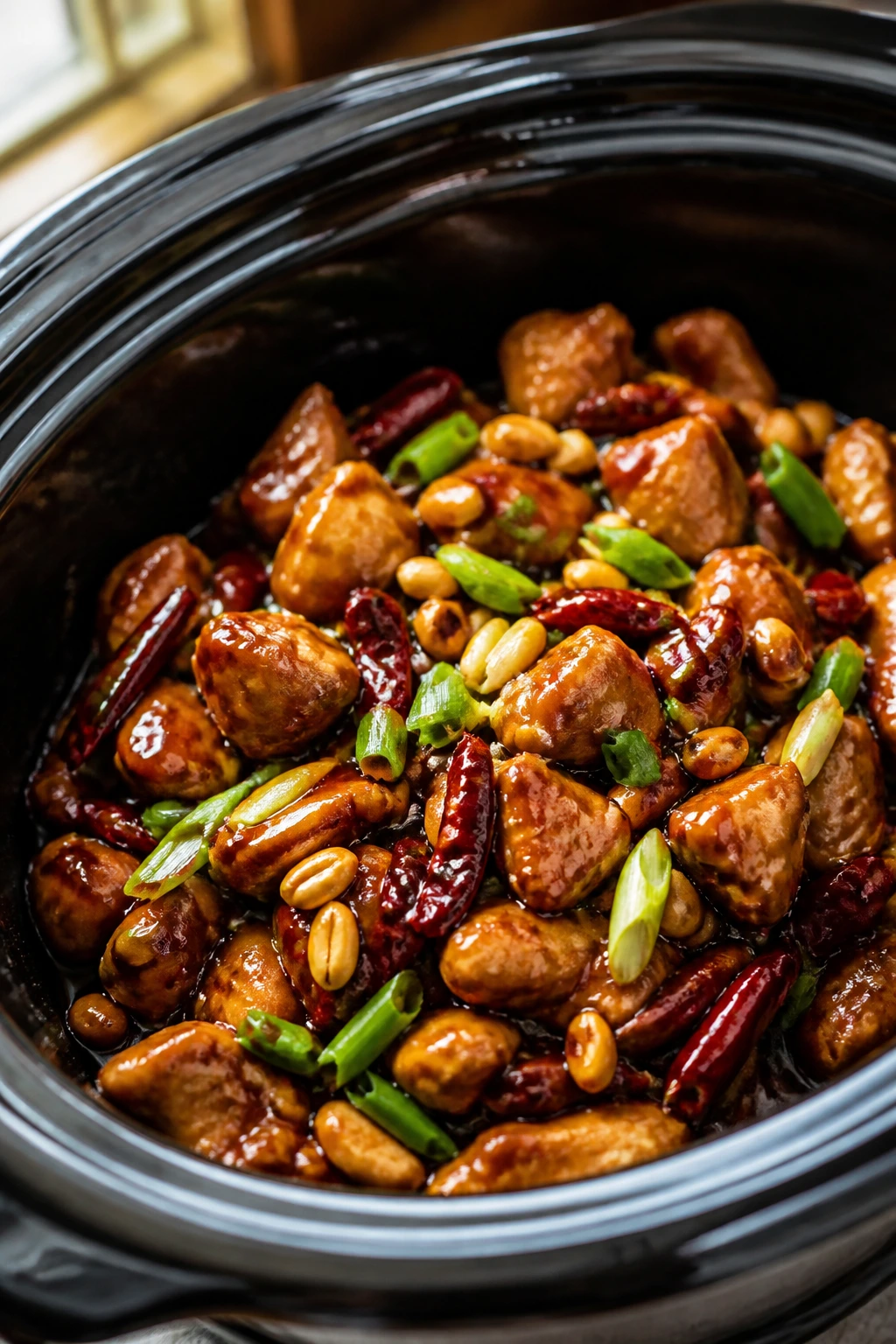 Close-up of Kung Pao Chicken in the Crockpot with peanuts and chilies