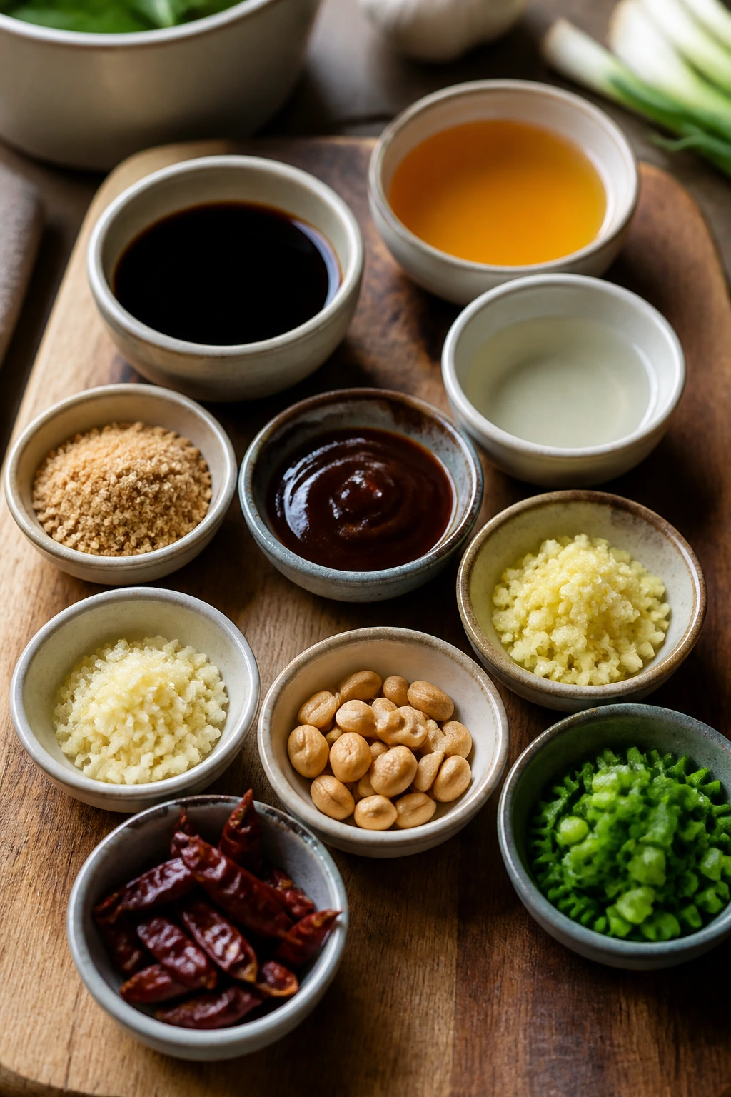 Ingredients for Kung Pao sauce and chicken displayed in small bowls.