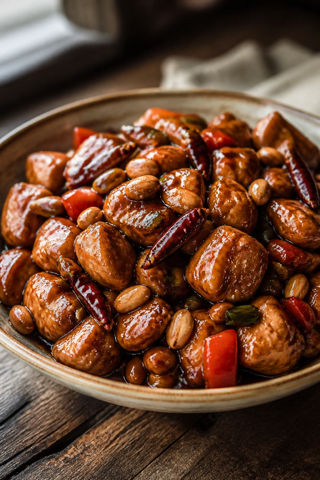 Close-up of Kung Pao Chicken with Peanuts and Dried Chiles in glossy sauce on wooden table