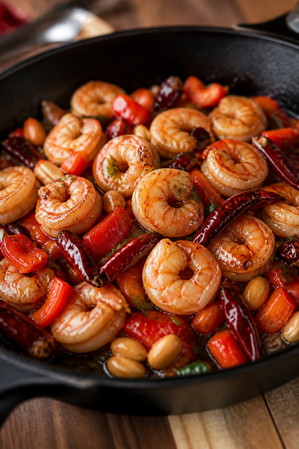 Close-up of Kung Pao Shrimp with Peanuts in a sizzling skillet with peppers and chilies
