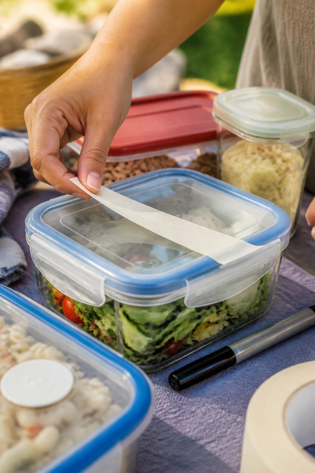 Hand applies masking tape to a container at outdoor picnic prep