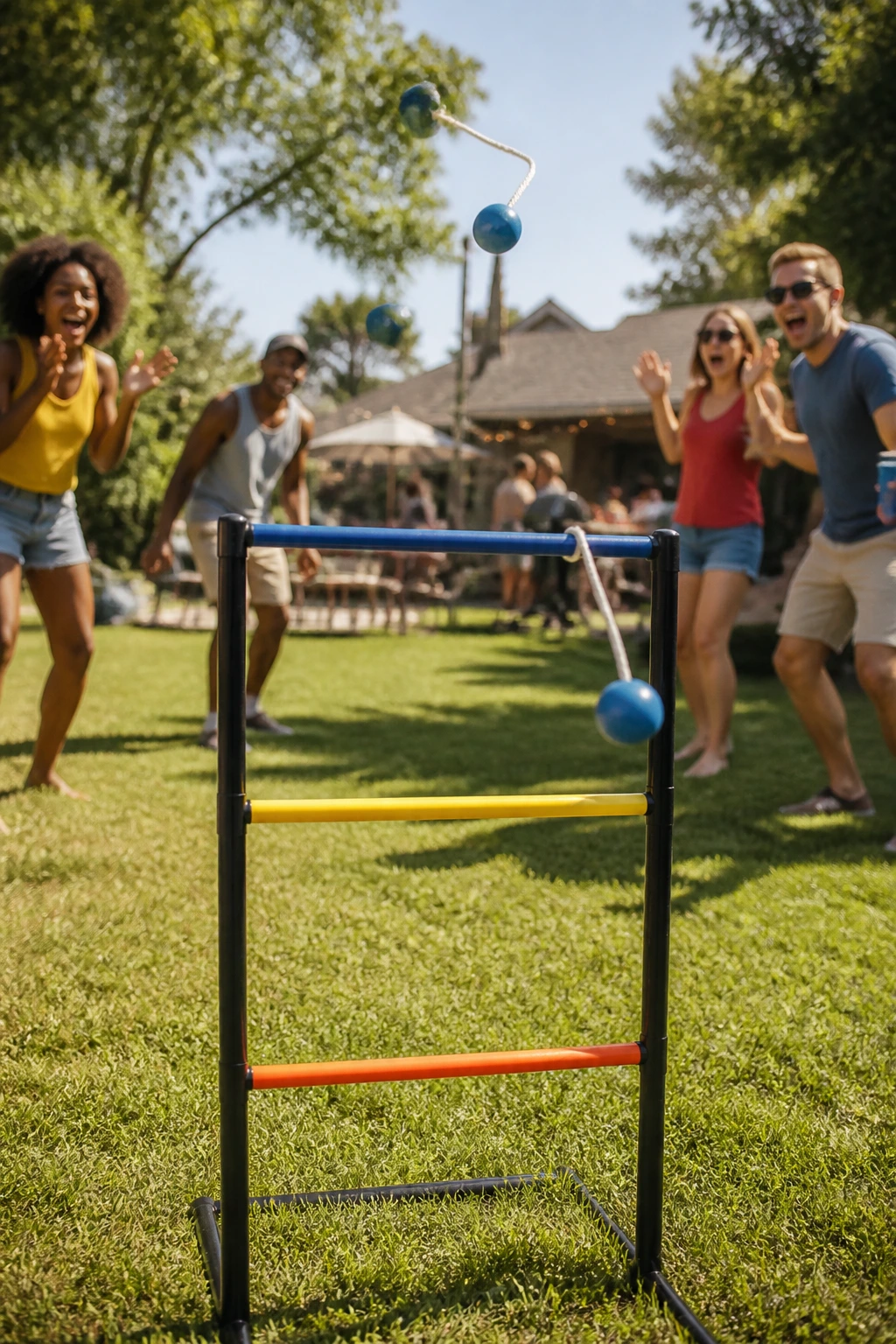 Ladder toss in motion on a sunny large lawn with players reacting