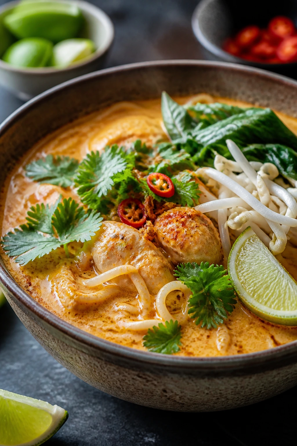 Lush laksa bowl with shrimp and herbs in coconut curry broth.