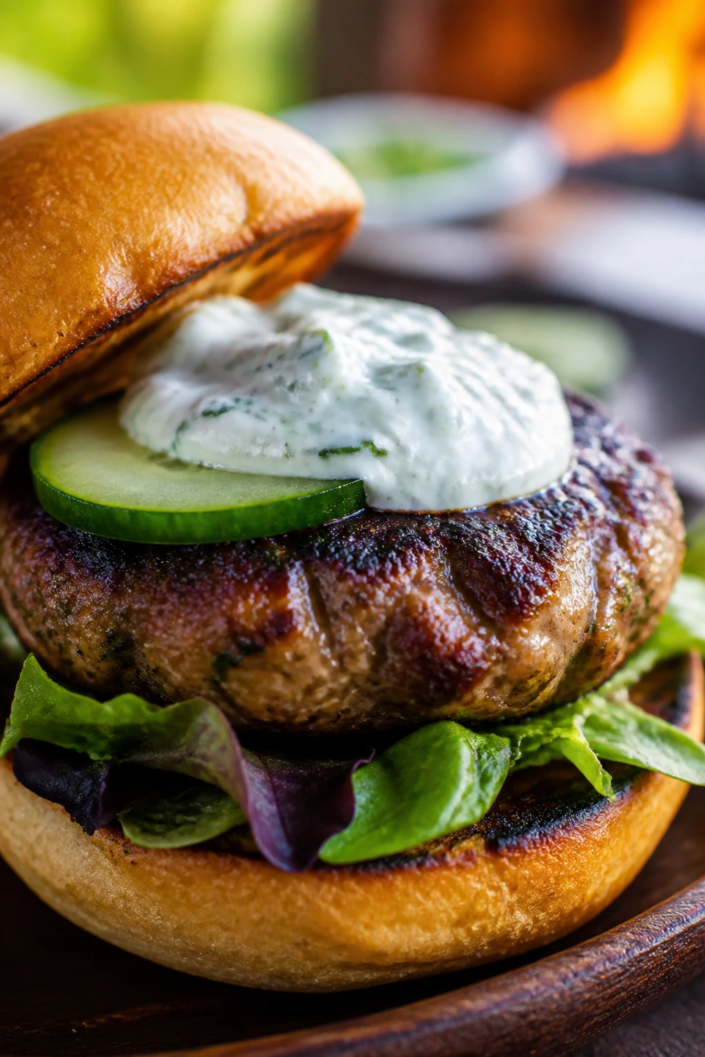 Close-up of lamb burger with mint yogurt on bun
