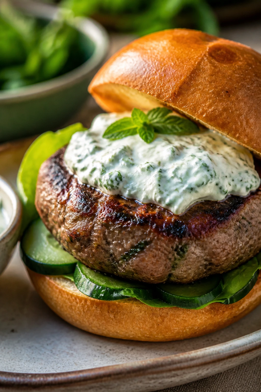 Close-up lamb burger with mint yogurt outdoors