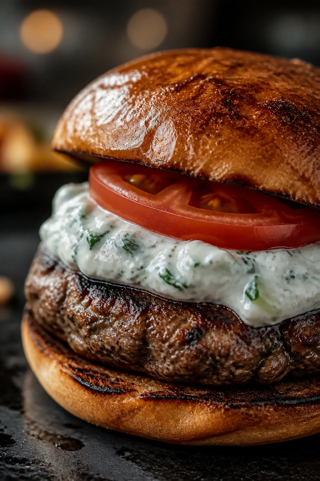 Close-up of Greek lamb burger with tzatziki on a toasted bun.