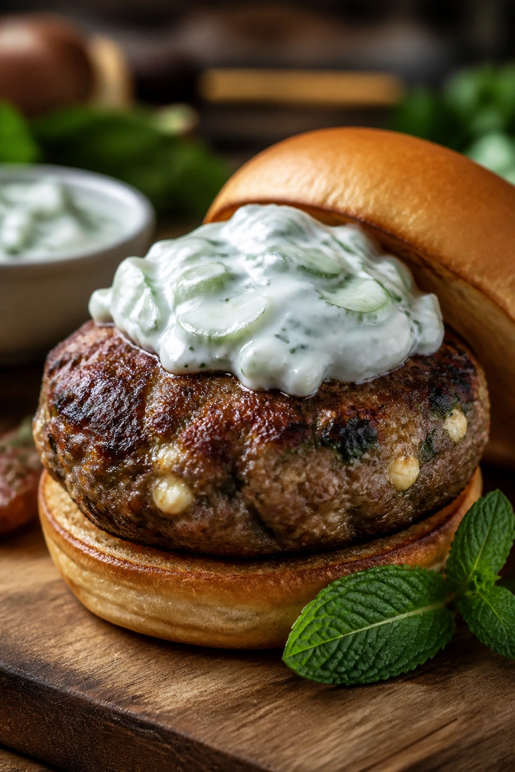 Close-up of lamb burger with tzatziki on a wooden board