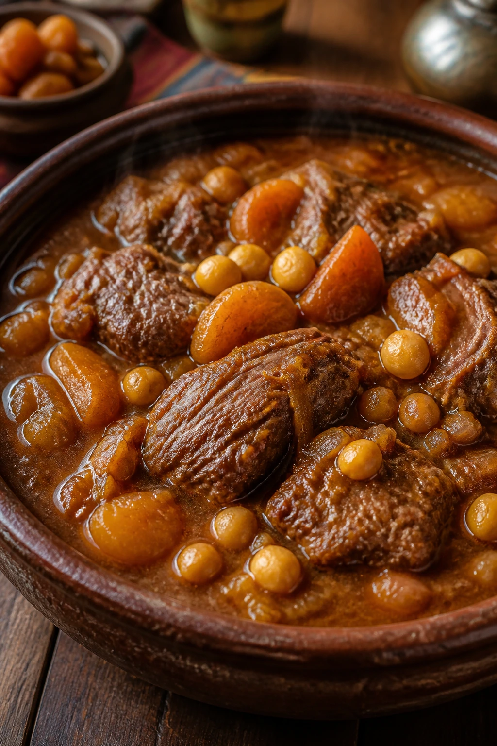 Close-up of Moroccan Lamb and Chickpea Stew in a rustic bowl on a wooden table