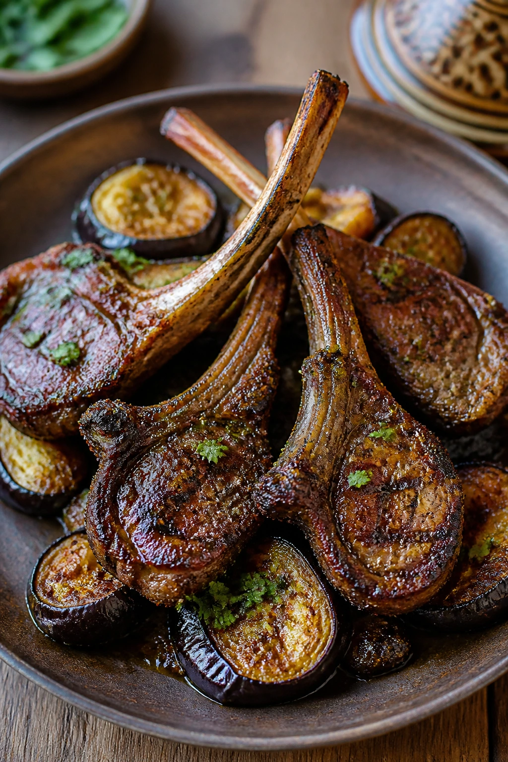 Lamb chops on roasted eggplant with Moroccan spices