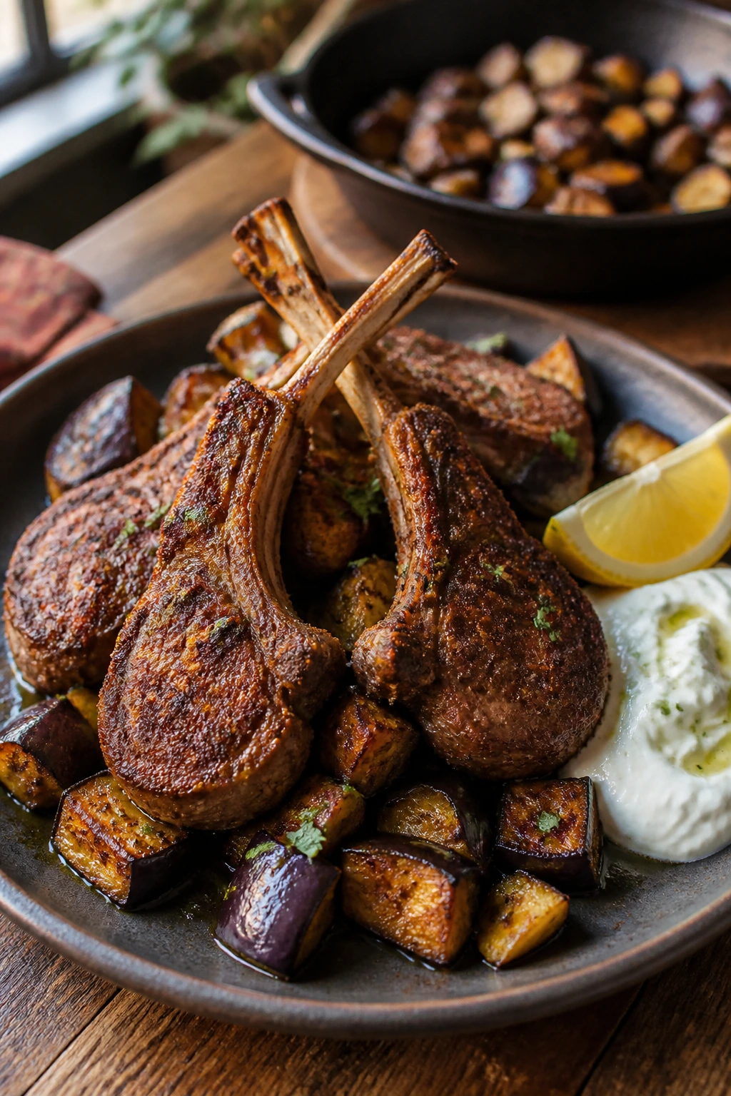 Close-up of lamb chops over roasted eggplant with yogurt and lemon on rustic plate