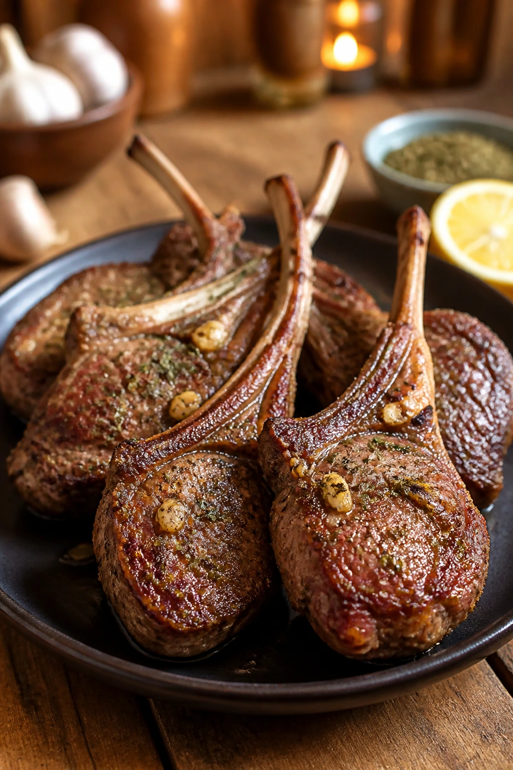 Greek lamb chops on a plate in a kitchen