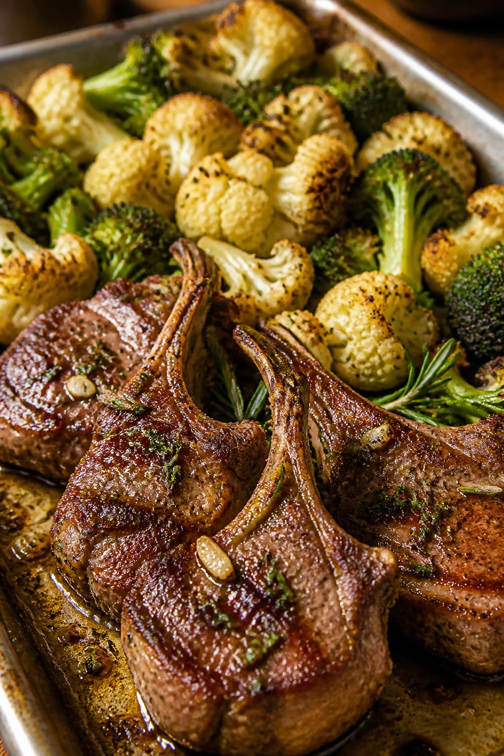 Close-up of garlic rosemary lamb chops with roasted cauliflower and broccoli