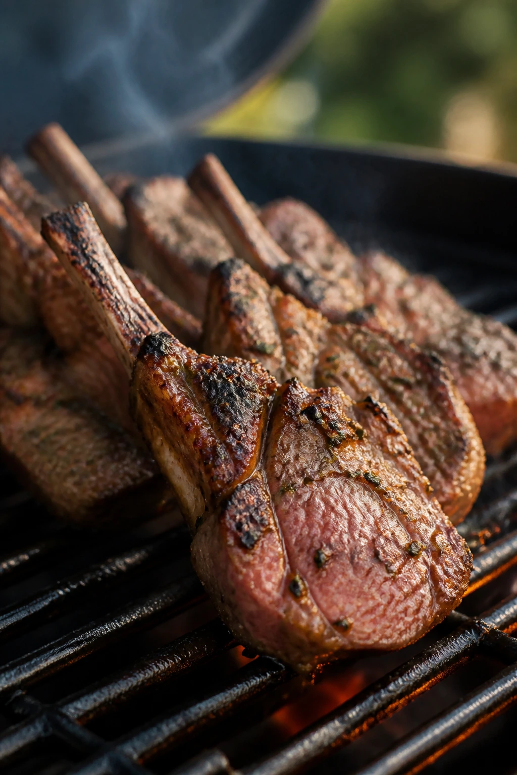 Lamb chops grilling on a grill with sear marks