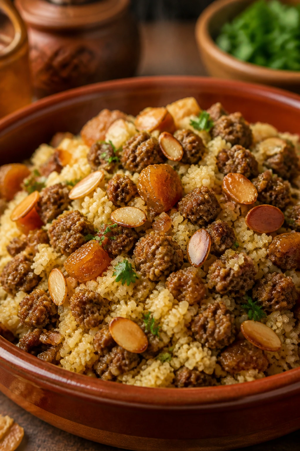 Close-up of lamb couscous with apricots