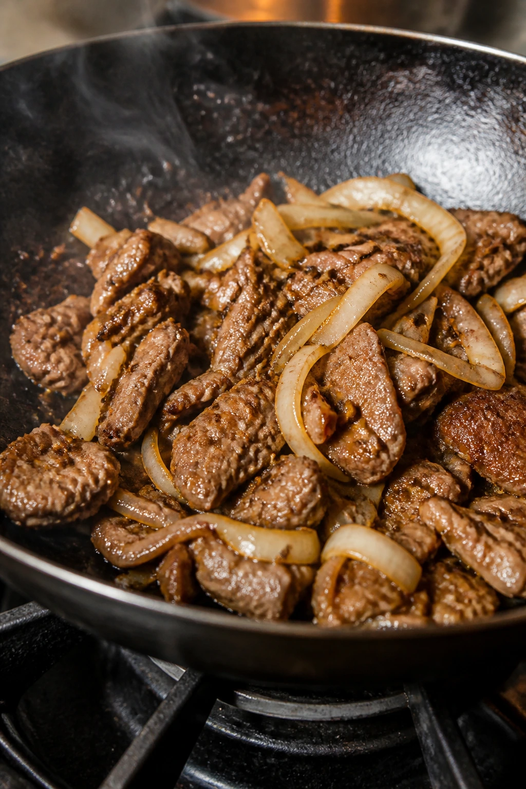 Close-up of cumin lamb with onions in a wok