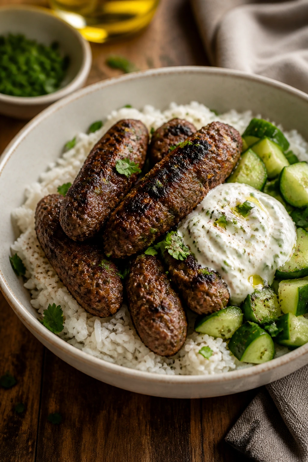 Close-up of lamb kofta bowl with rice, cucumber and yogurt sauce
