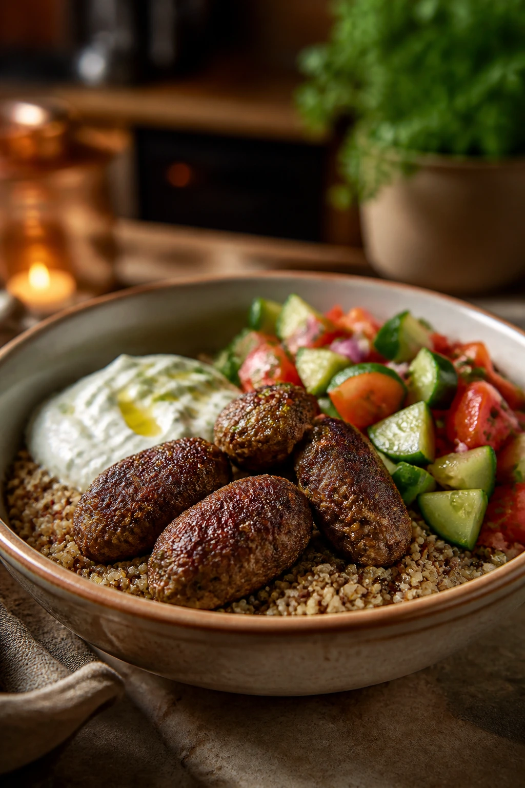 Lamb kofta quinoa bowl with cucumber and yogurt