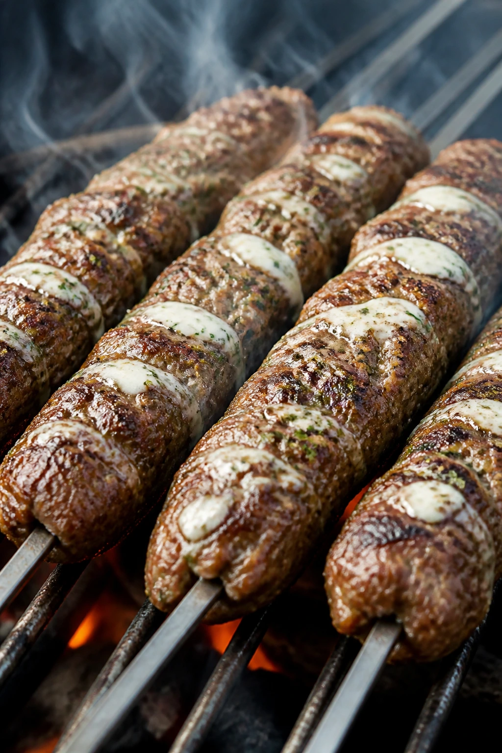 Spiced lamb kofta skewers with yogurt glaze on grill