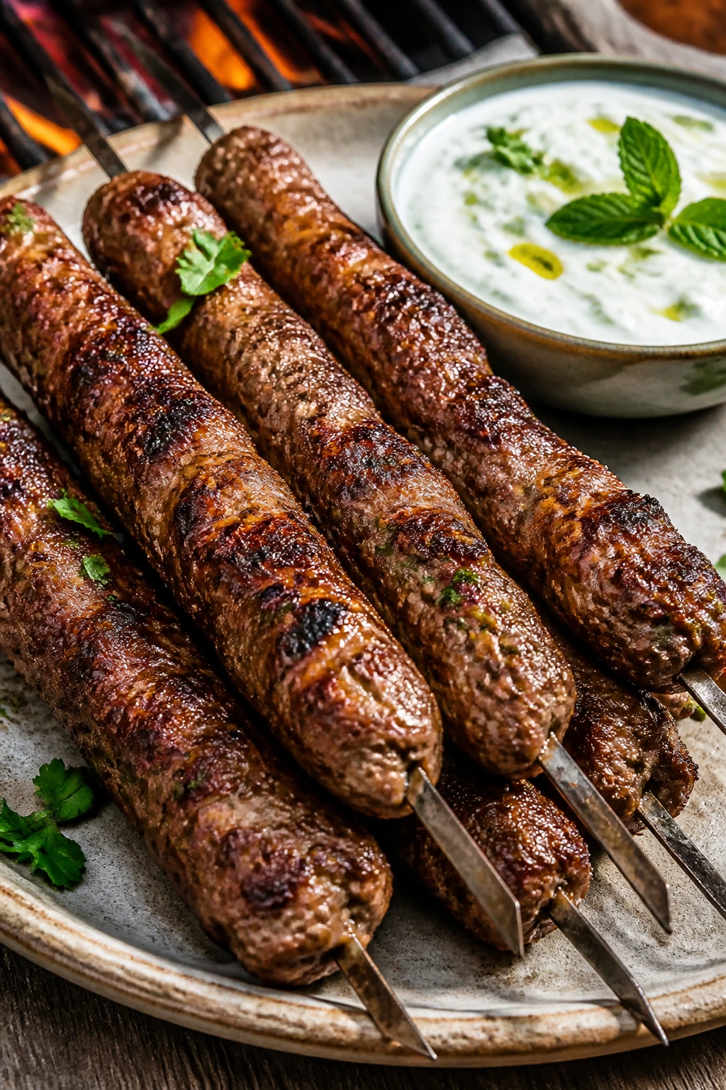 Grilled lamb kofta skewers on a rustic platter outdoors