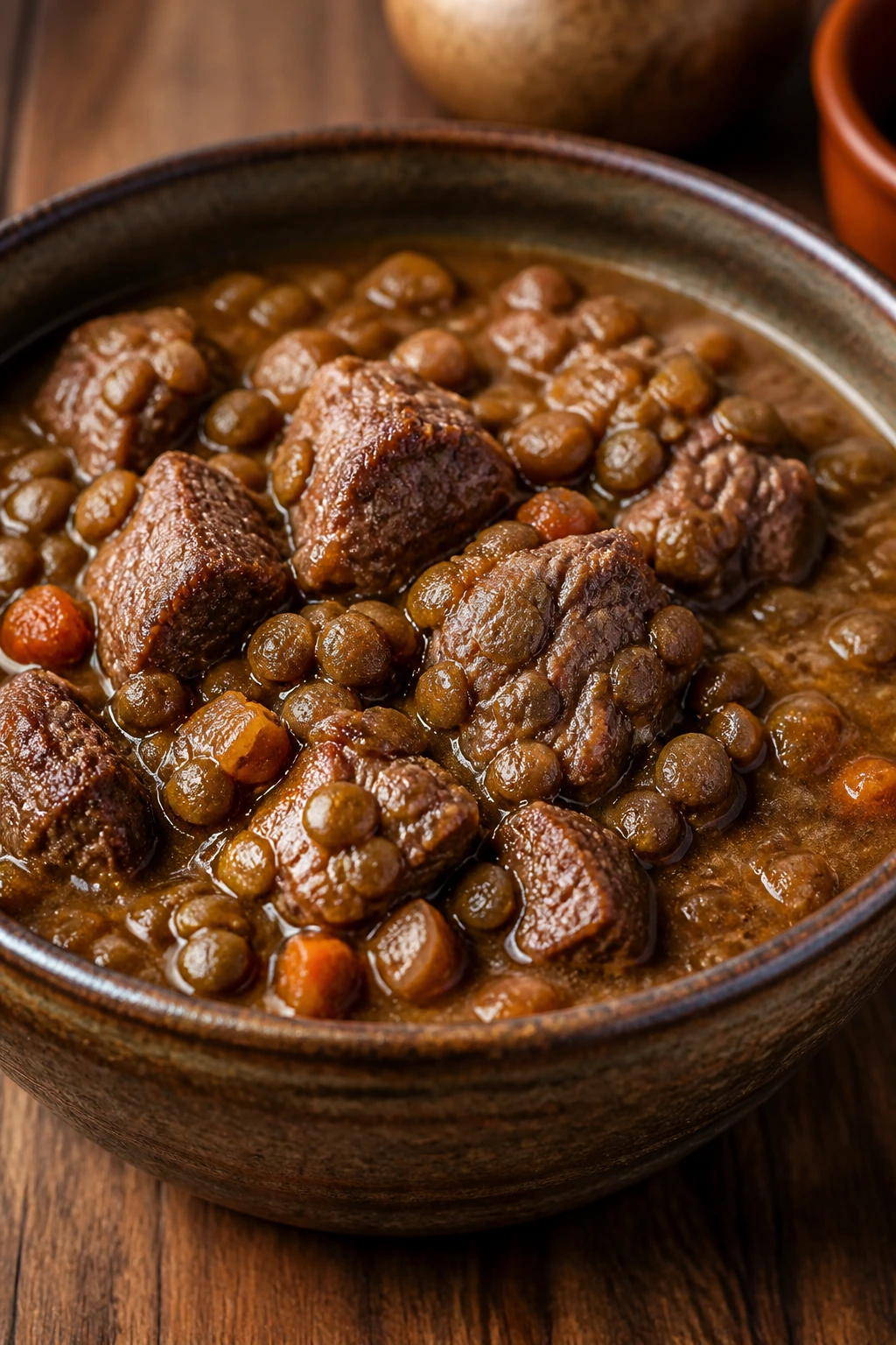 Close-up of Lamb and Lentil Stew with lamb and lentils in a bowl
