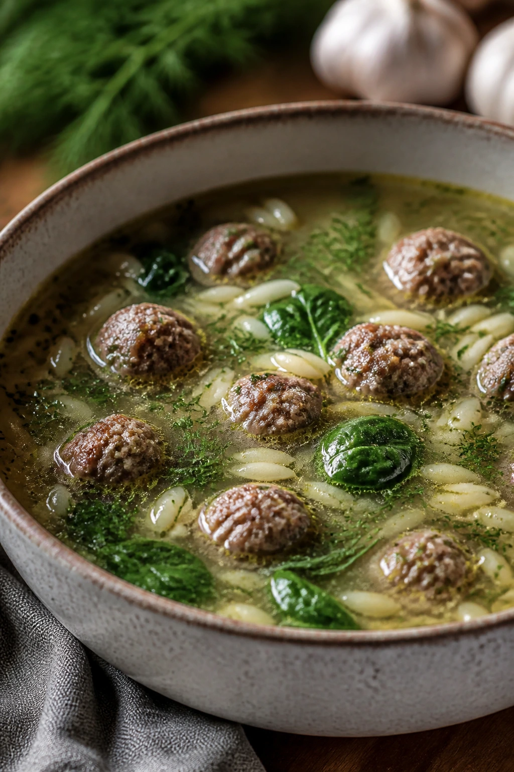 Close-up of lamb meatball soup in a rustic bowl with dill and spinach