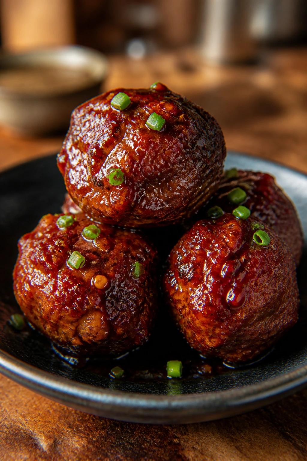 Close-up of glossy Gochugaru Lamb Meatballs on a dark plate