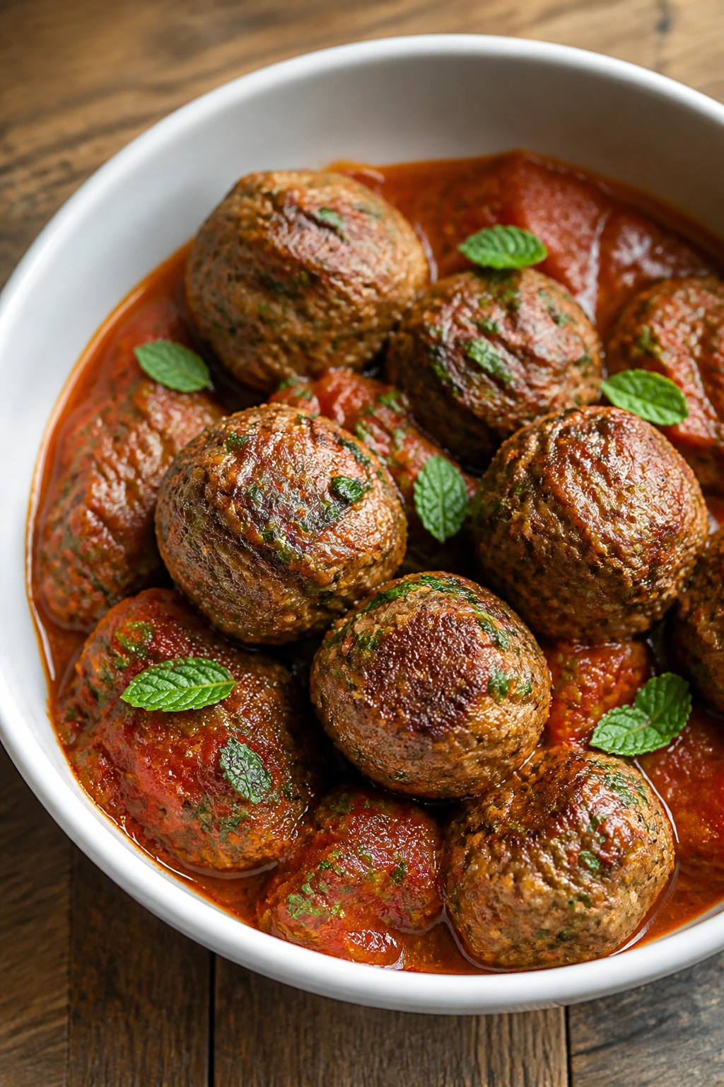 Close-up of lamb meatballs with mint and oregano in tomato sauce