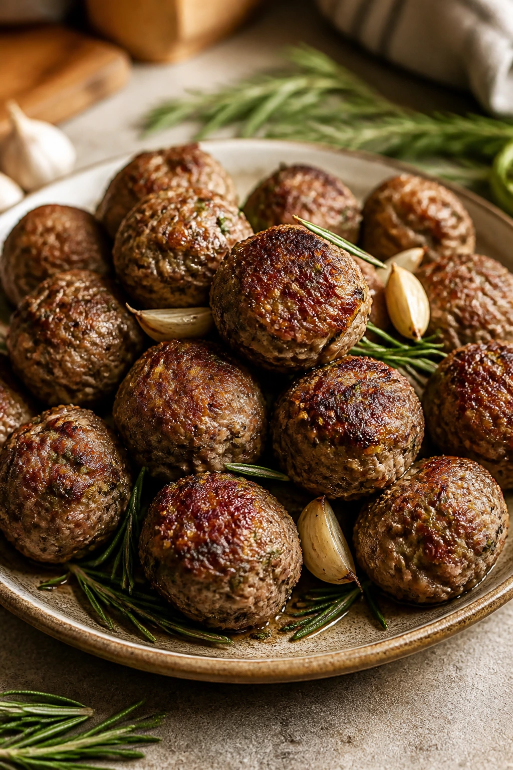 Close-up of lamb meatballs with rosemary and garlic on a plate