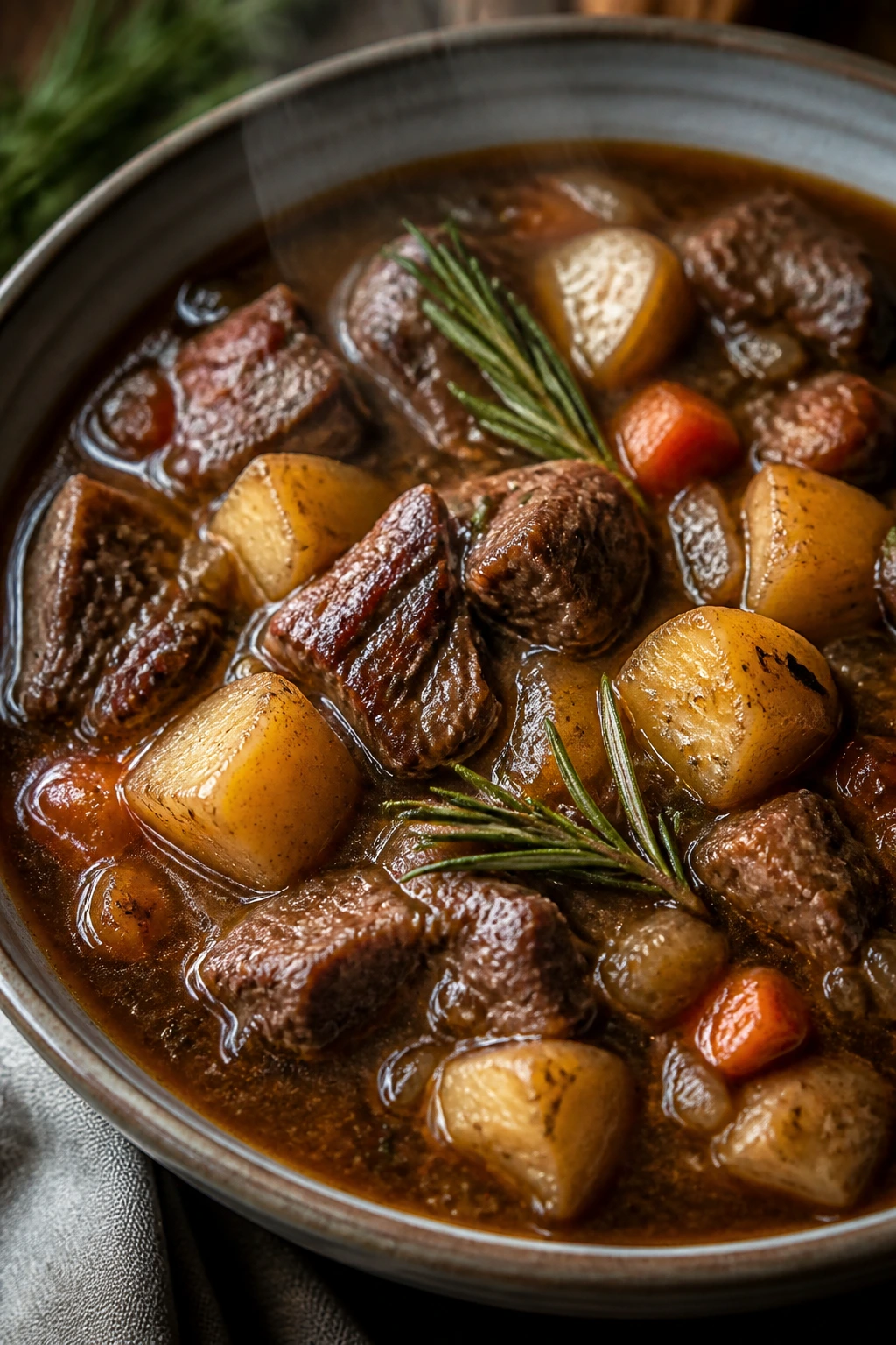 Lamb, parsnip, and rosemary stew in a warm kitchen bowl