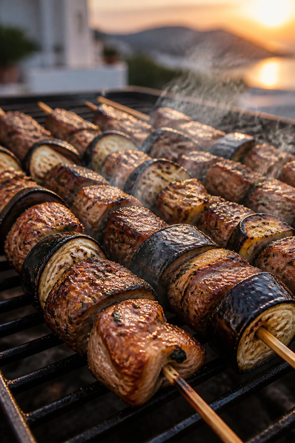 Close-up of lamb and eggplant skewers on a grill under warm dusk light