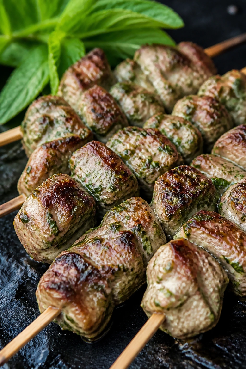 Lamb skewers with yogurt marinade and mint grilling outdoors