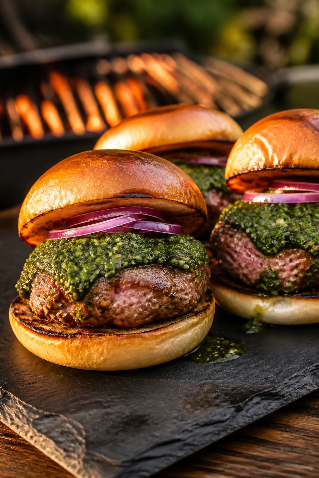 Close-up of lamb sliders with mint chimichurri on a slate board