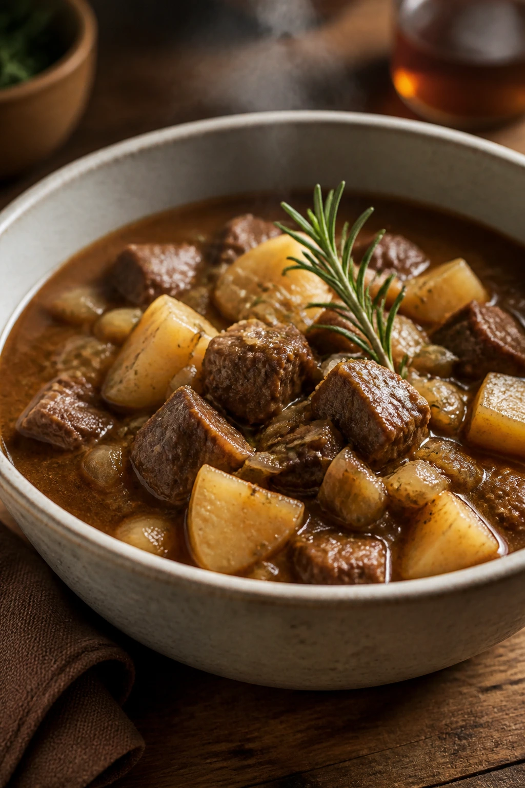 Close-up of lamb stew with rosemary and parsnips in a rustic bowl