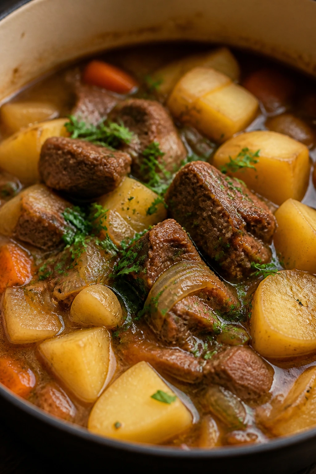 Lamb stew with potatoes and parsley in a rustic bowl