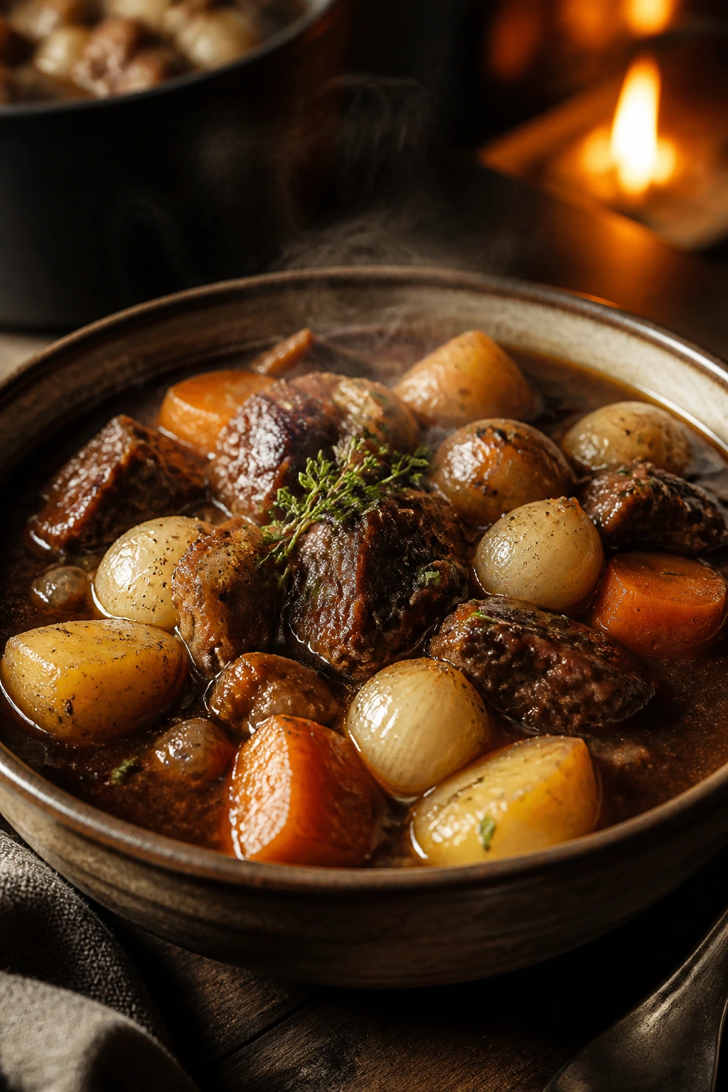 Lamb stew with potatoes and onions in stout broth