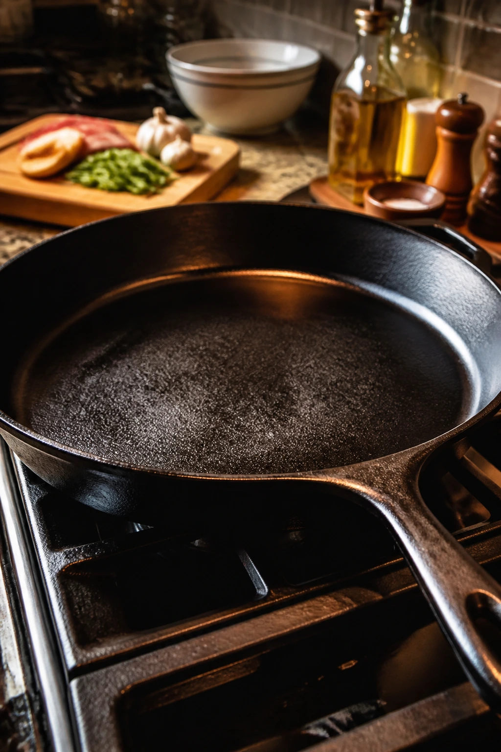 Close-up of a large cast-iron skillet on a stove in a warm kitchen
