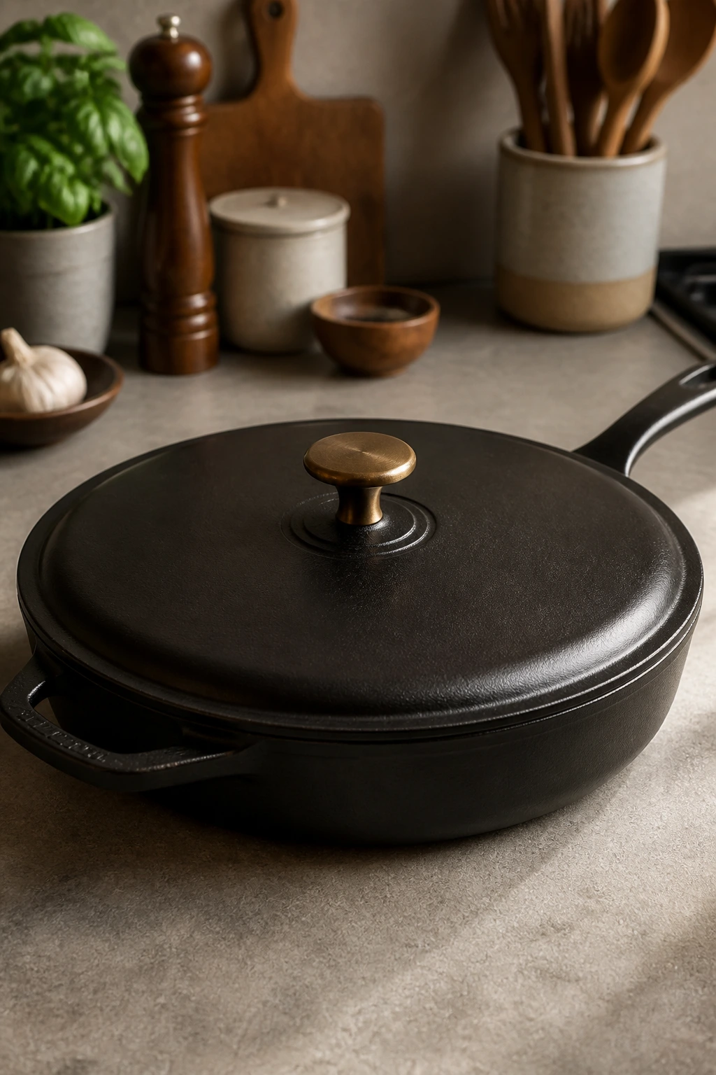 Large skillet with lid on kitchen counter