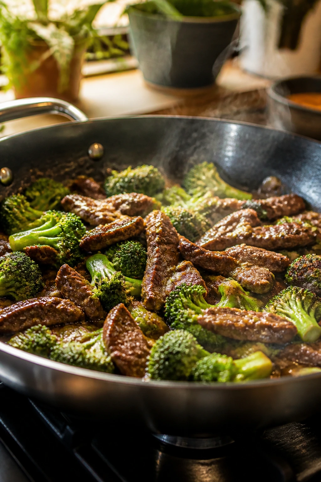 Large skillet with beef and broccoli steaming